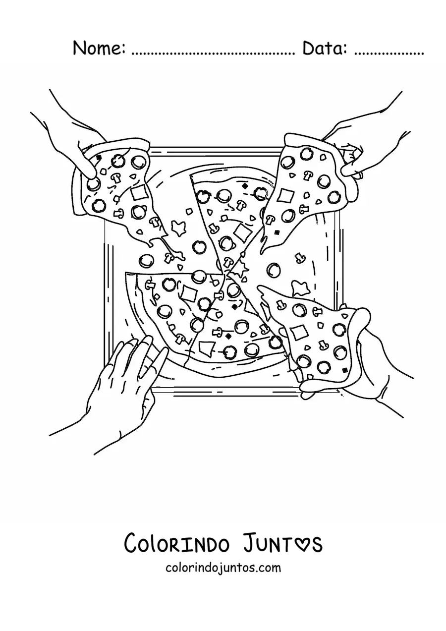 Desenho para colorir de varias maos pegando fatias de uma pizza em uma caixa
