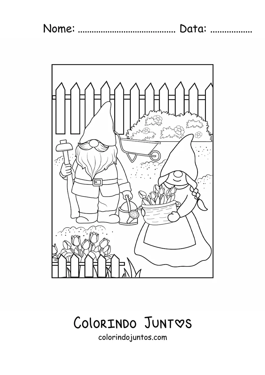 Desenho para colorir de casal de gnomos plantando flores no jardim