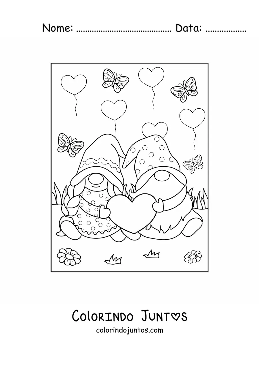 Desenho para colorir de casal de gnomos apaixonados no Dia dos Namorados