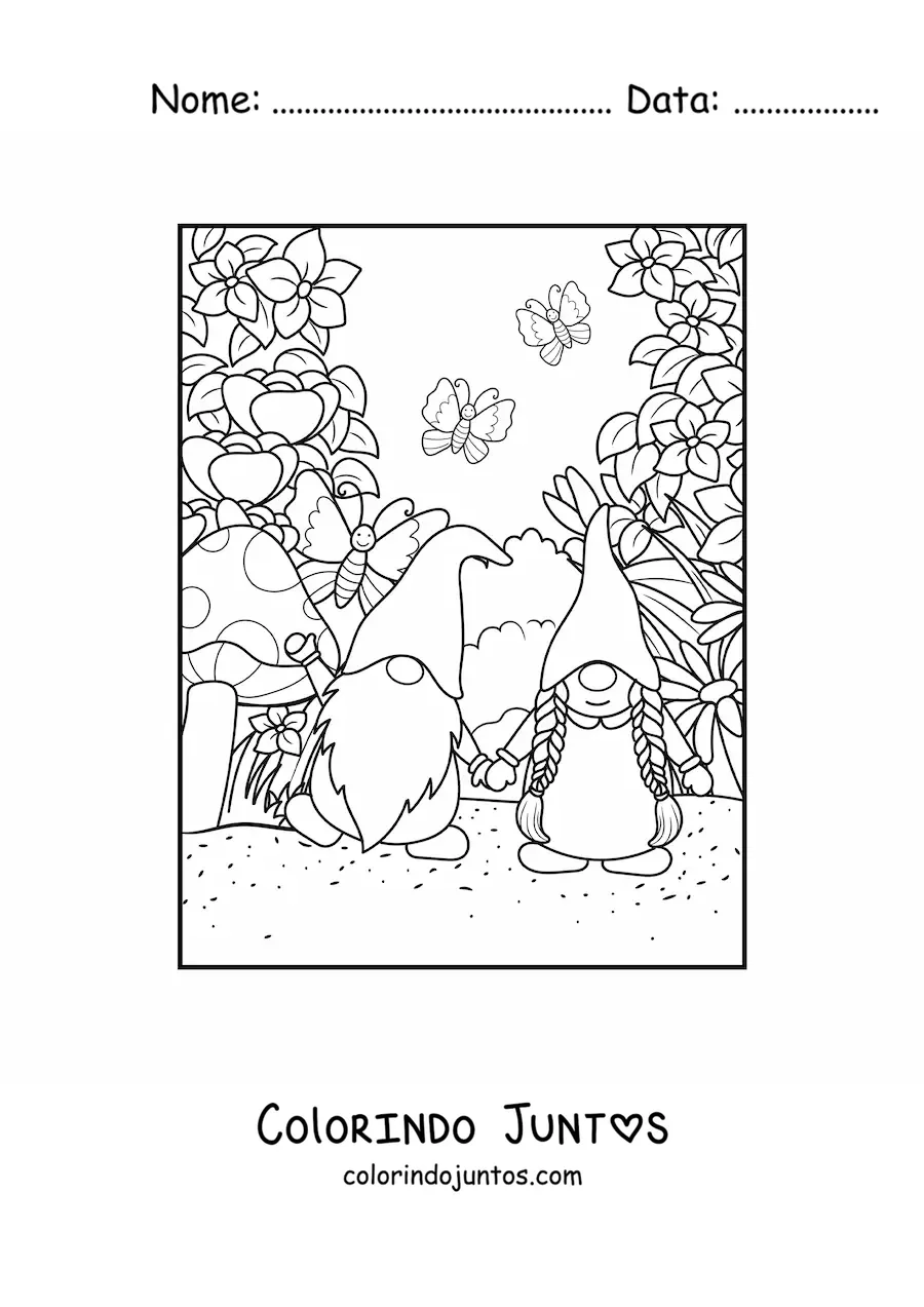 Desenho para colorir de casal de gnomos apaixonados em jardim com borboletas e flores