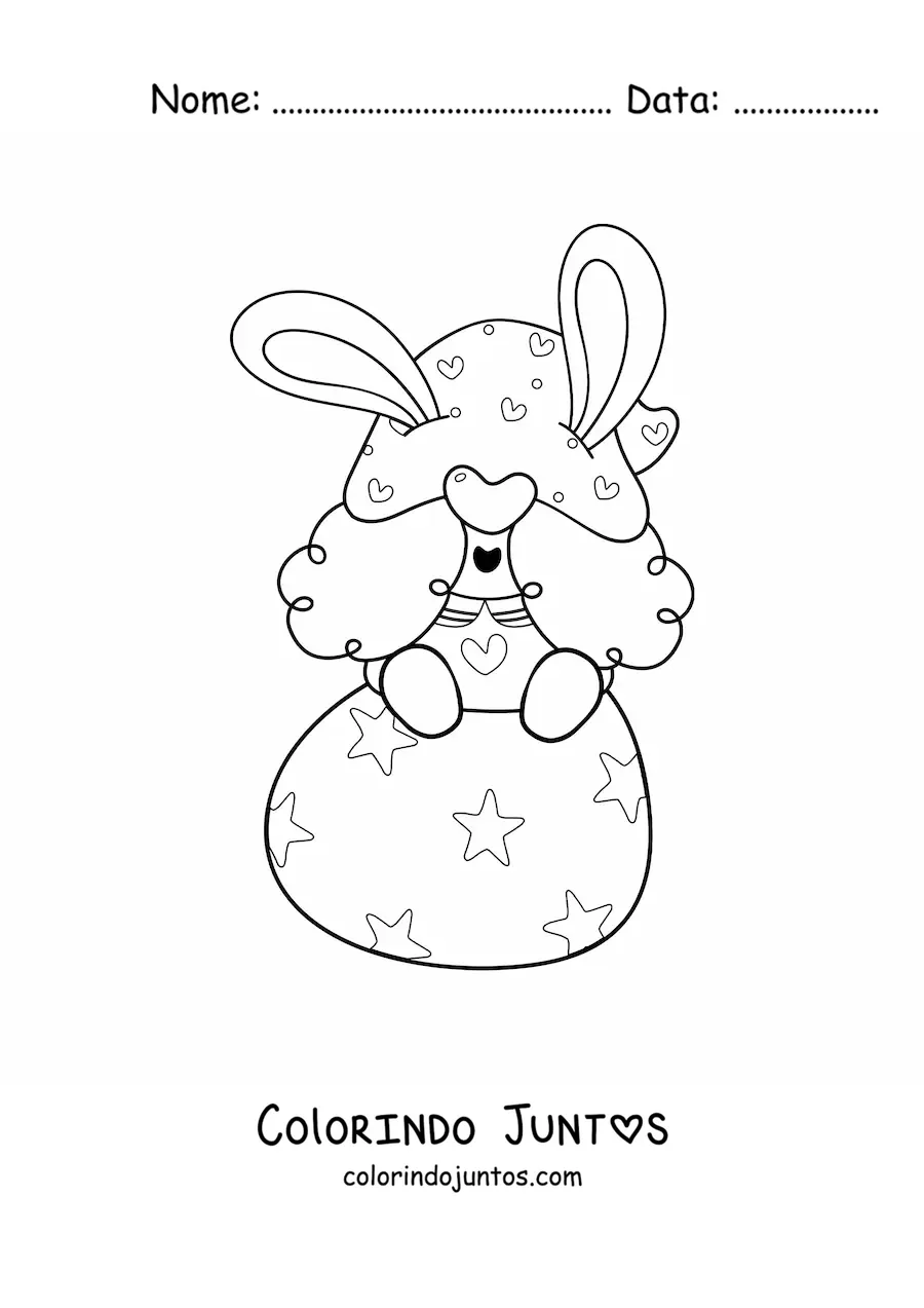 Desenho para colorir de gnomo sentado em um ovo de Pascoa