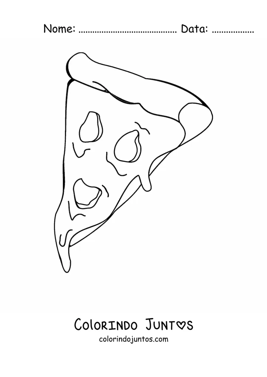 Desenho para colorir de uma fatia de pizza com queijo derretido