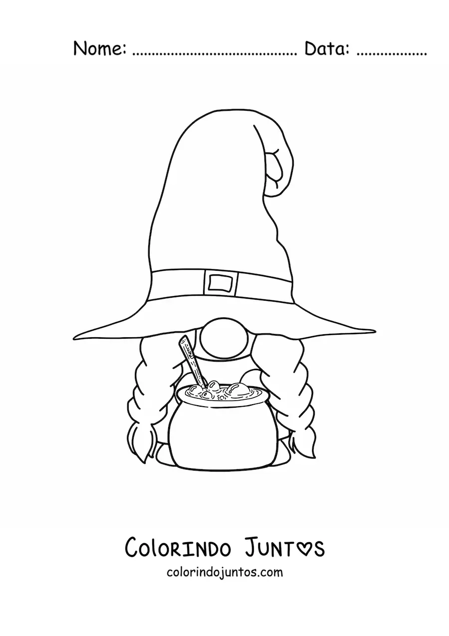 Desenho para colorir de gnomo de Halloween com caldeirao