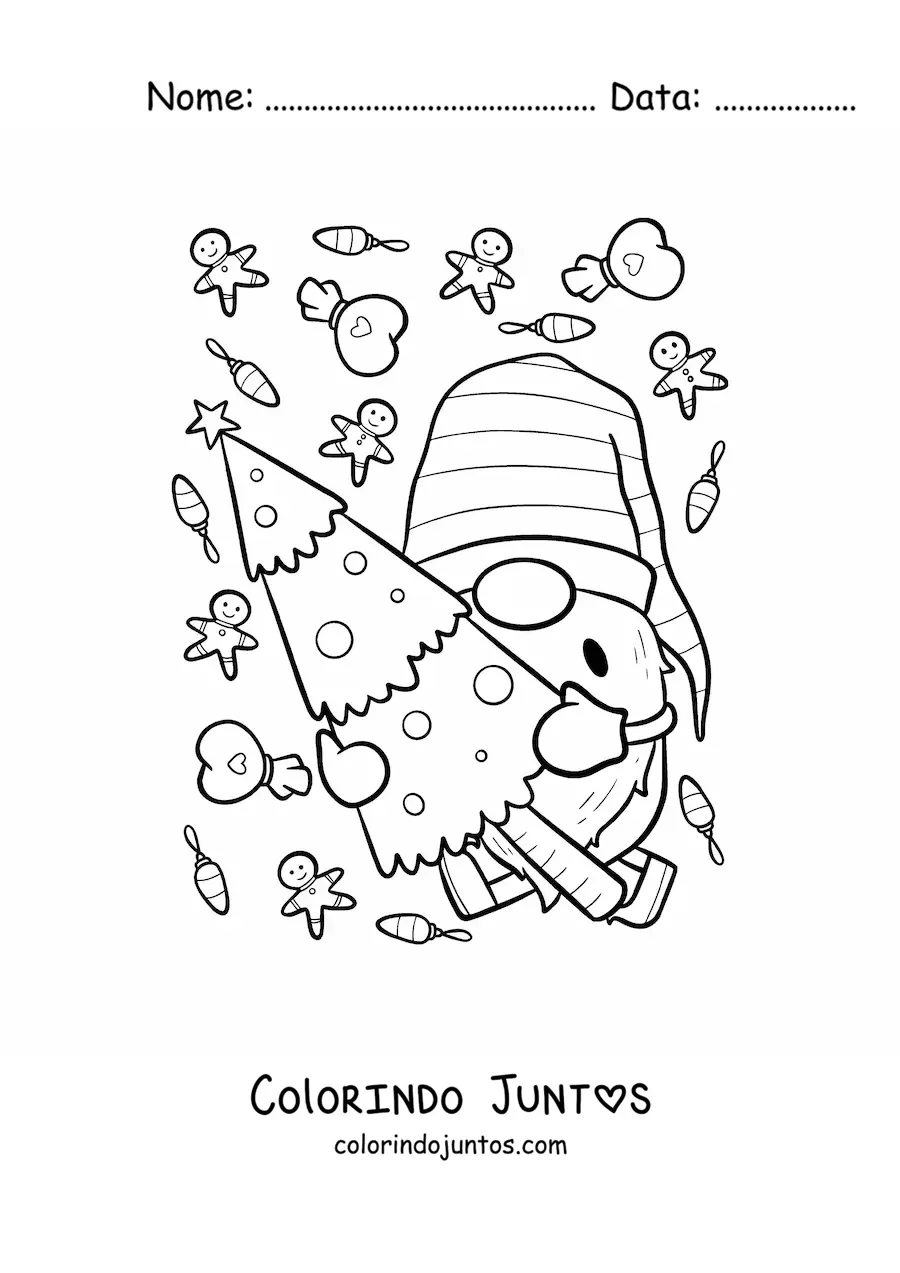 Desenho para colorir de gnomo natalino com arvorezinha