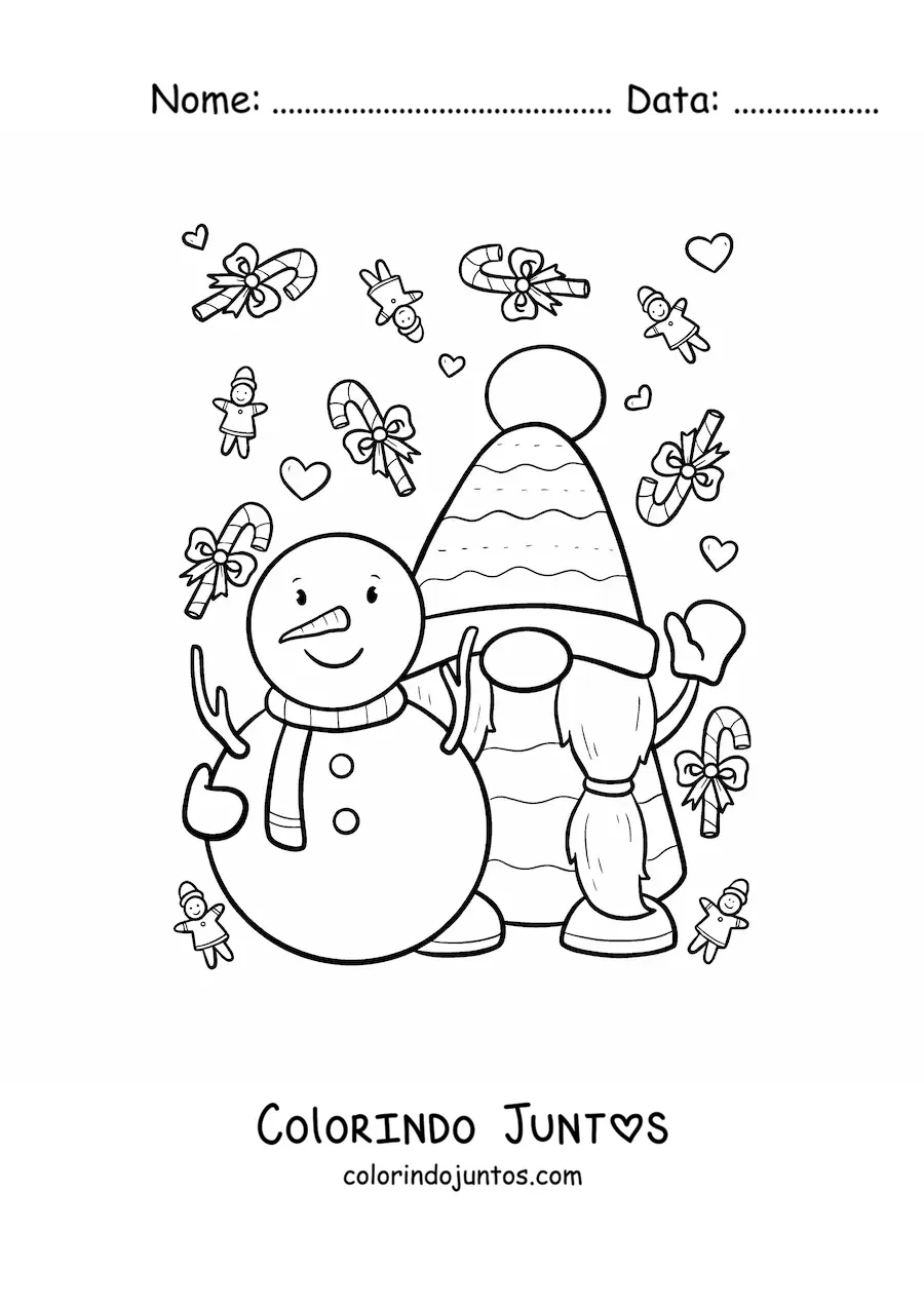 Desenho para colorir de gnomo natalino com boneco de neve