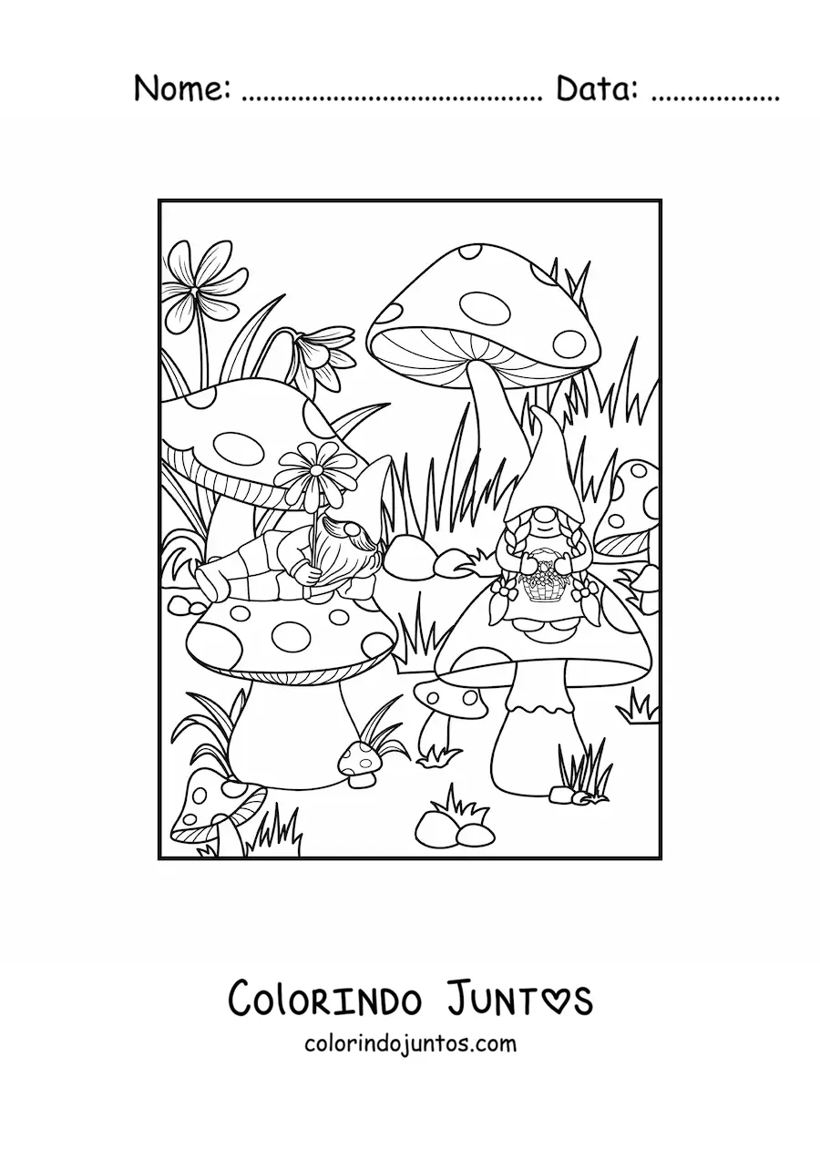 Desenho para colorir de casal de gnomos sentados em cogumelos