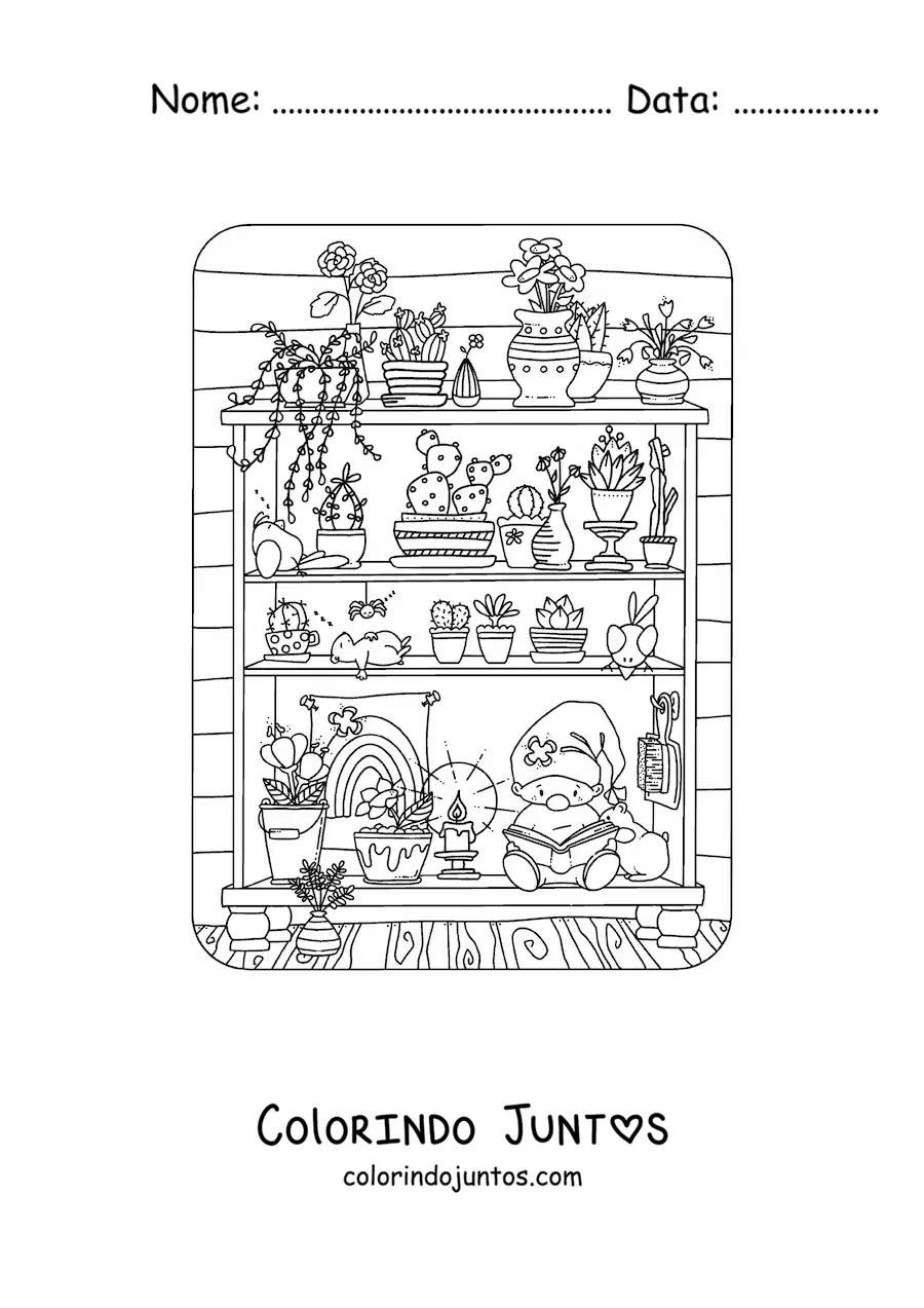 Desenho para colorir de gnomo lendo em uma estante com plantas