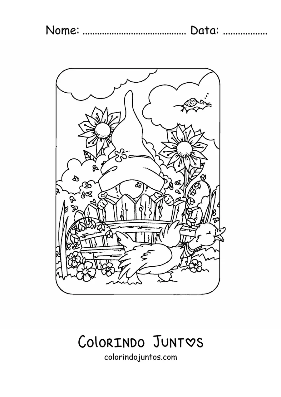 Desenho para colorir de gnomo fofo em jardim com flores
