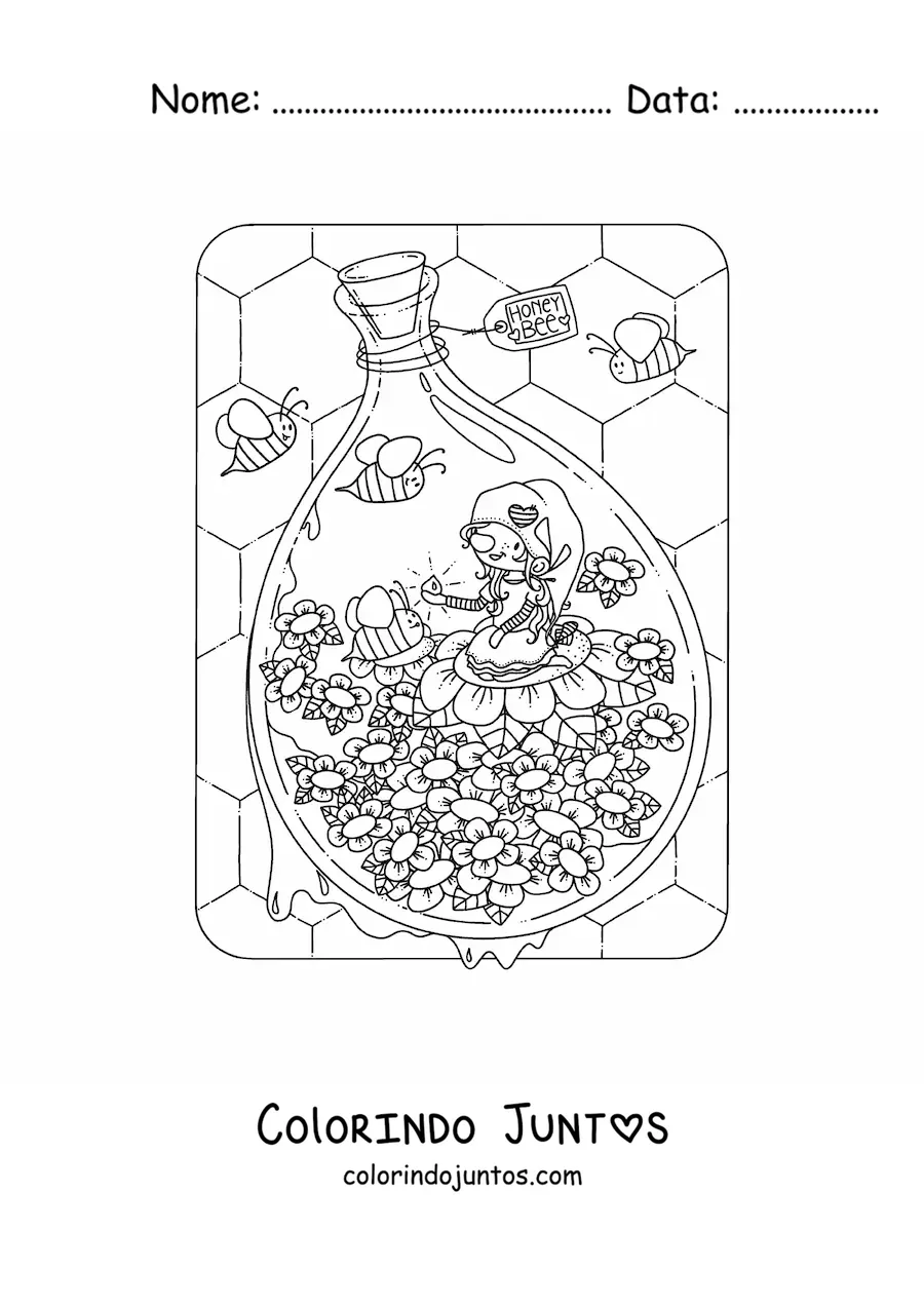 Desenho para colorir de gnomo sentado em jardim com abelhas