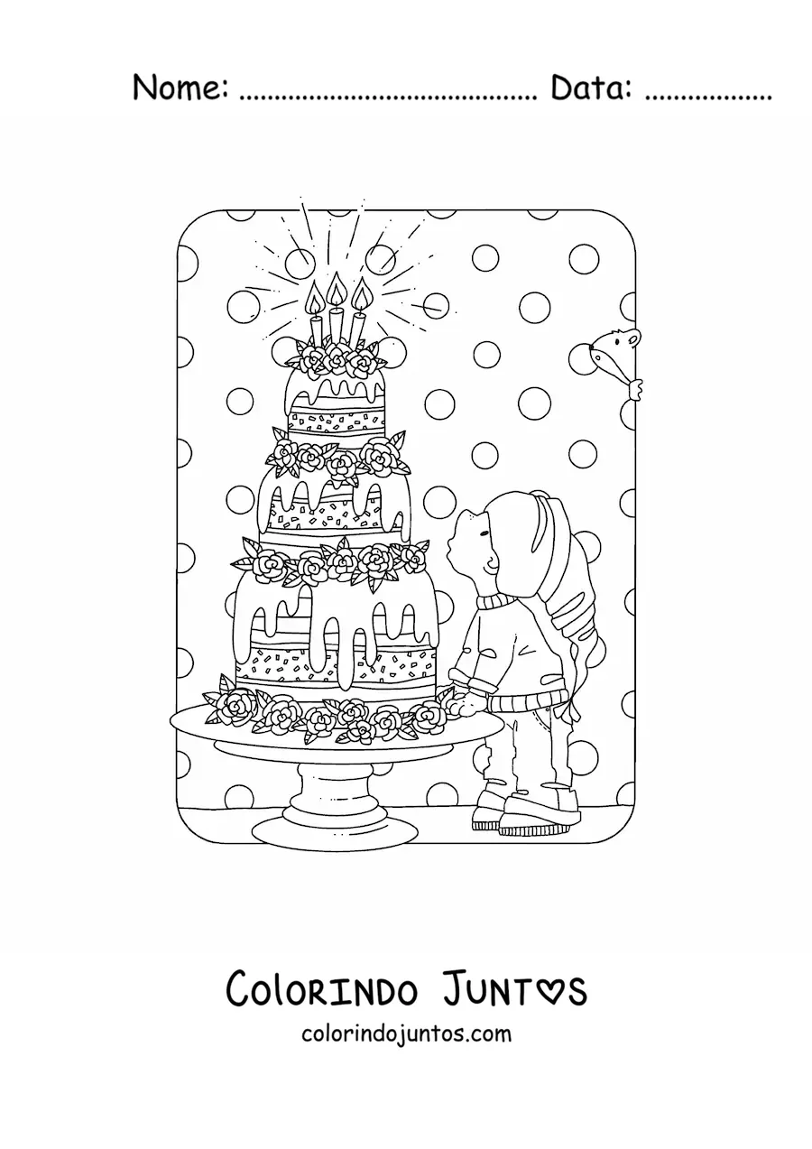 Desenho para colorir de gnomo kawaii com bolo de aniversario