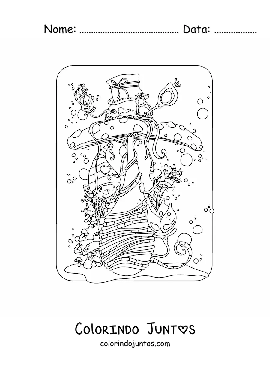 Desenho para colorir de gnomo fofo escondido atras de um cogumelo