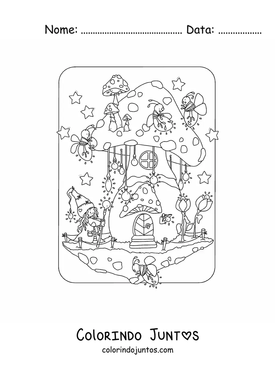 Desenho para colorir de gnomo magico e vaga-lumes animados em casa em forma de cogumelo