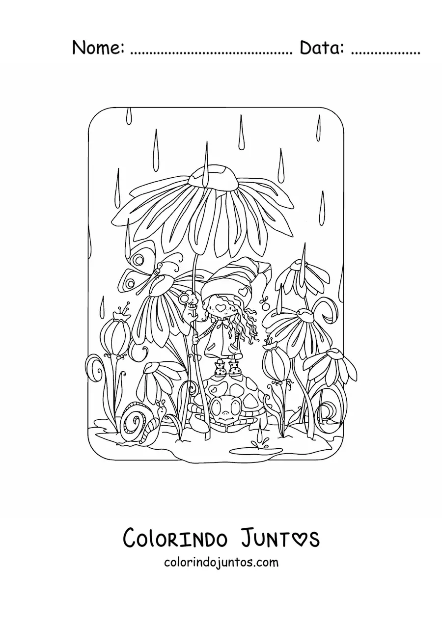 Desenho para colorir de gnomo kawaii usando uma flor como guarda-chuva