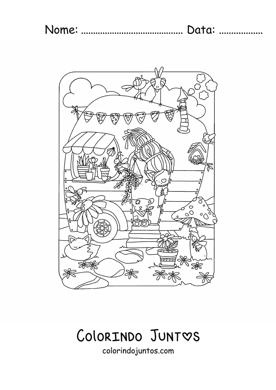 Desenho para colorir de mulher gnomo em sua casa mágica