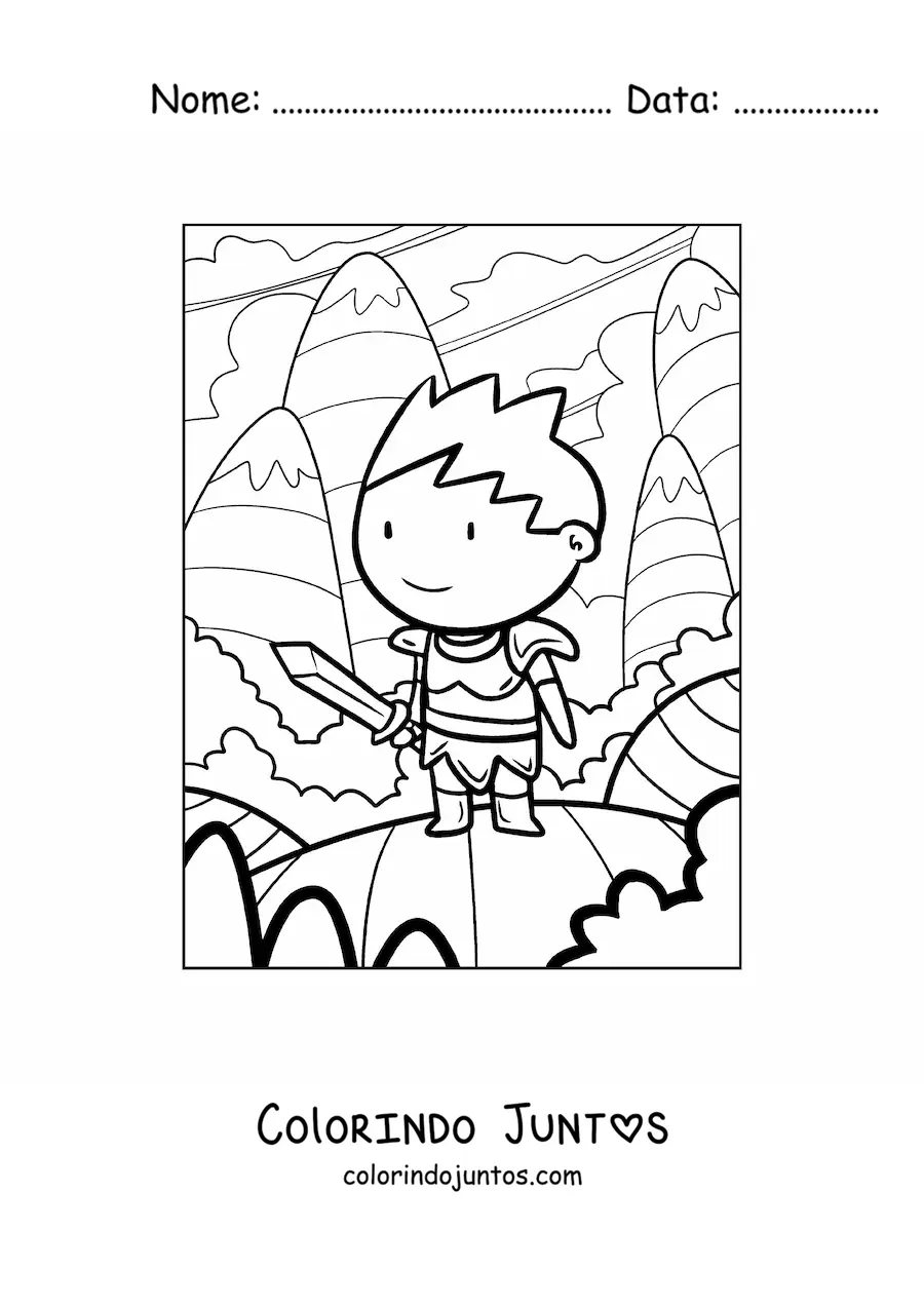 Desenho para colorir de cavaleiro animado com espada nas montanhas