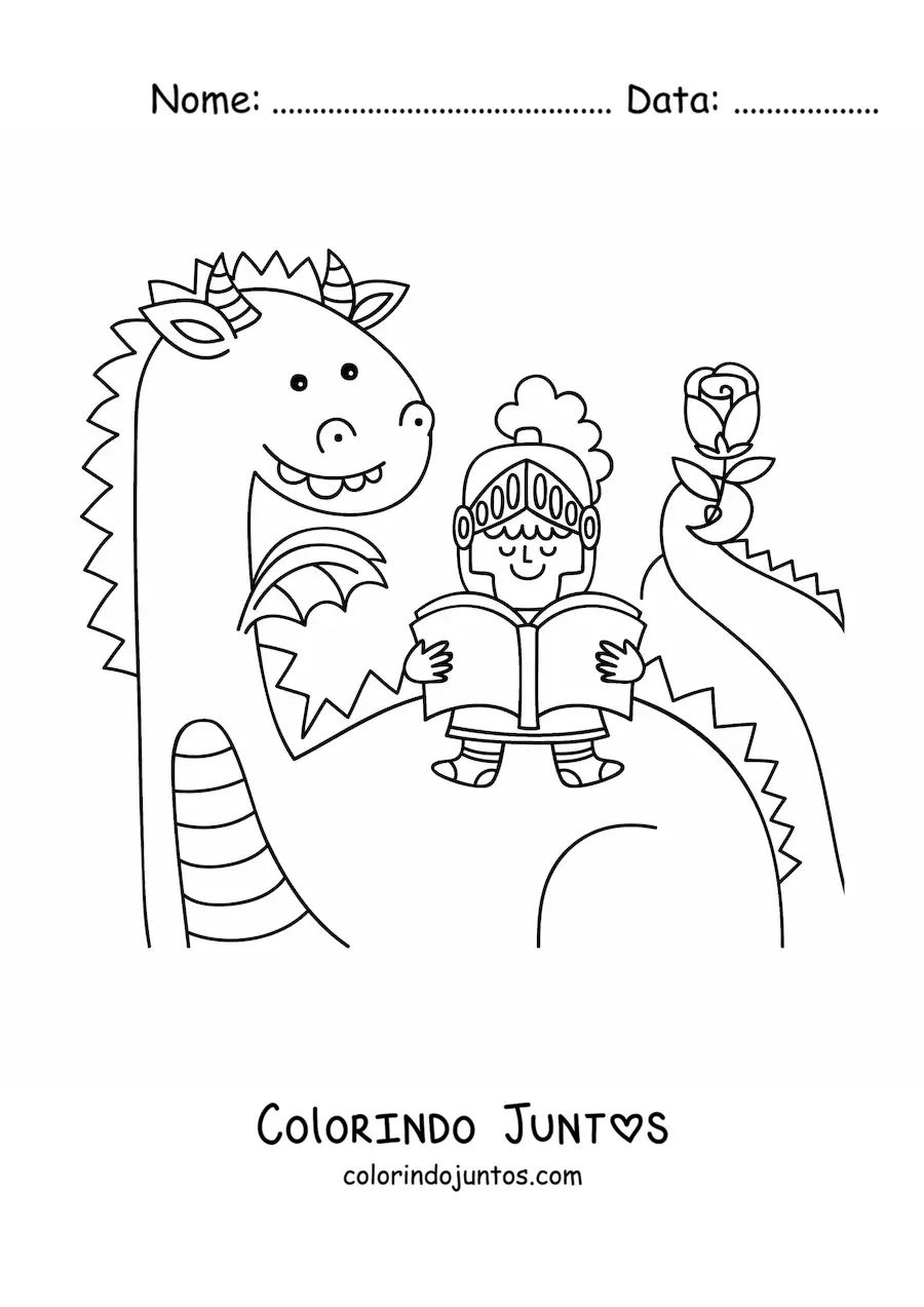 Desenho para colorir de cavaleiro kawaii lendo um livro sentado em um dragão