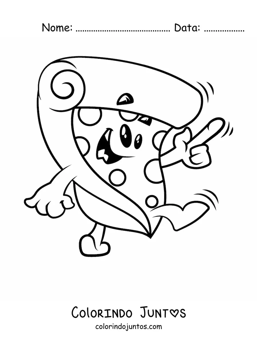 Desenho para colorir de uma pizza animada acenando