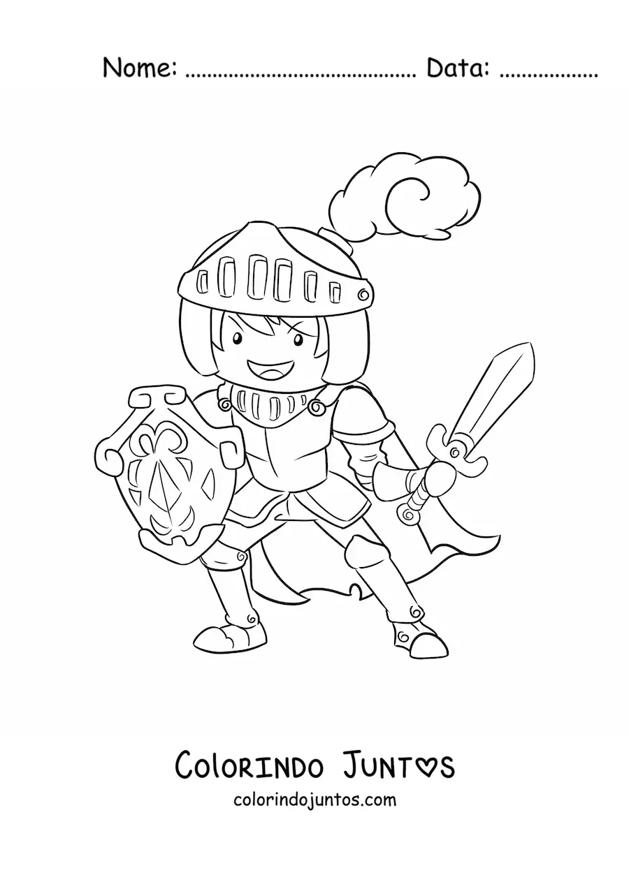 Desenho para colorir de cavaleiro animado com espada e escudo