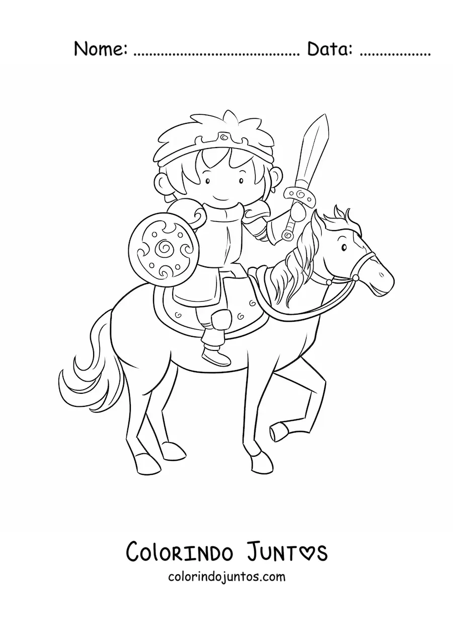 Desenho para colorir de cavaleiro animado com espada e escudo montando a cavalo