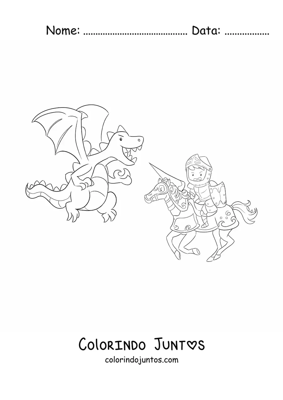 Desenho para colorir de cavaleiro heroico animado lutando contra um dragão