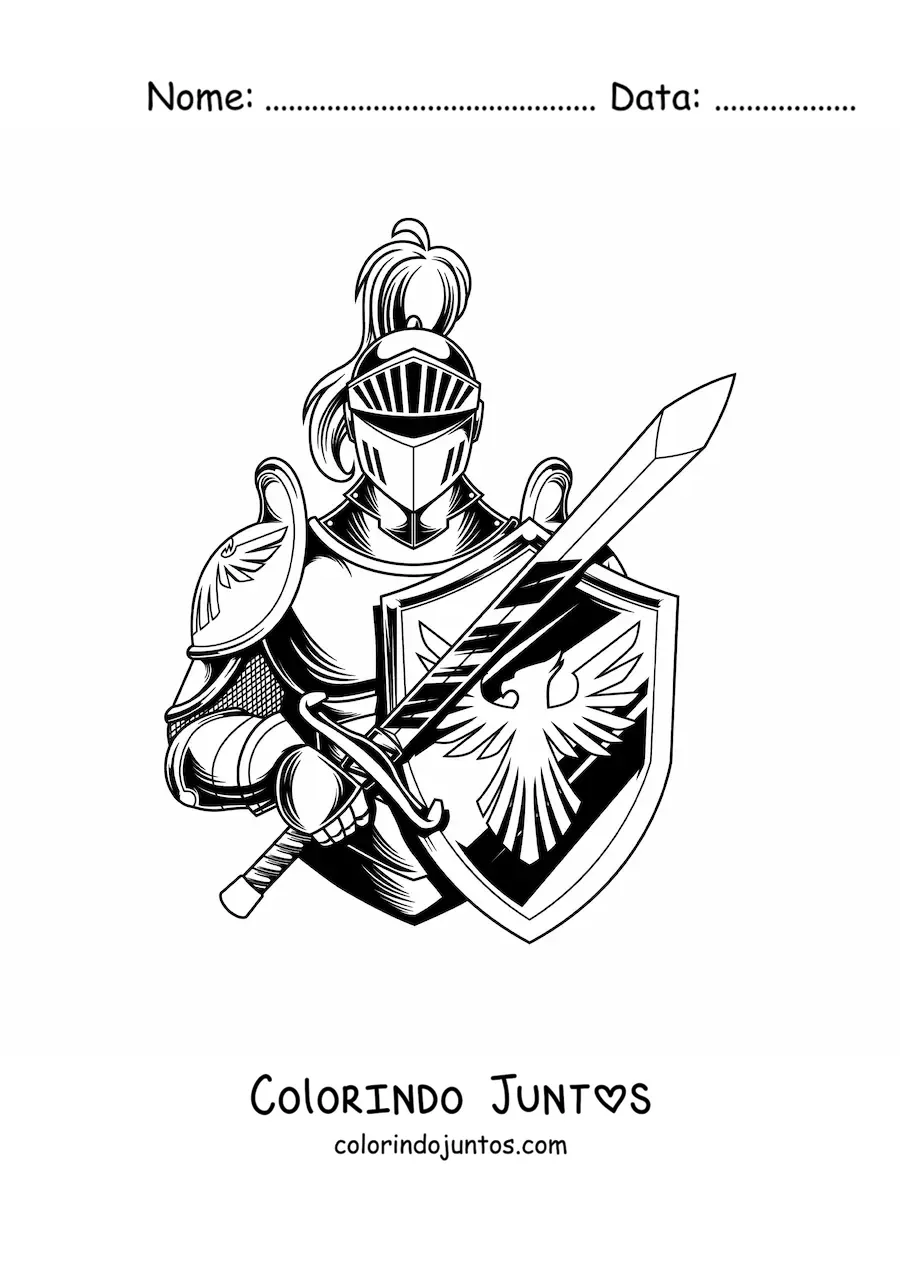 Desenho para colorir de cavaleiro realista com espada e escudo