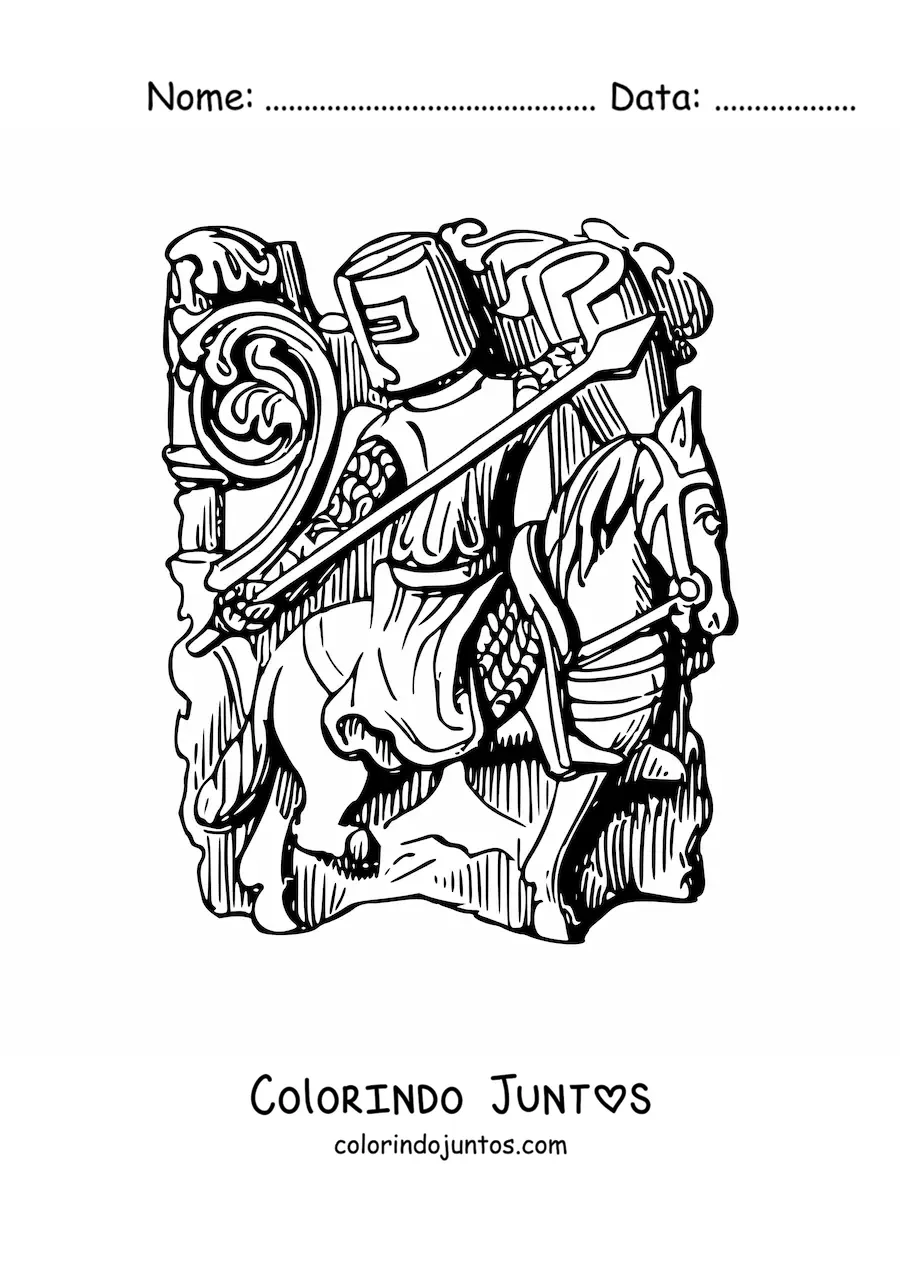 Desenho para colorir de cavaleiro com lança e escudo em seu corcel