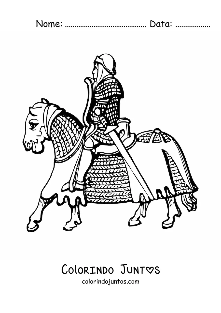Desenho para colorir de cavaleiro montando um cavalo com armadura