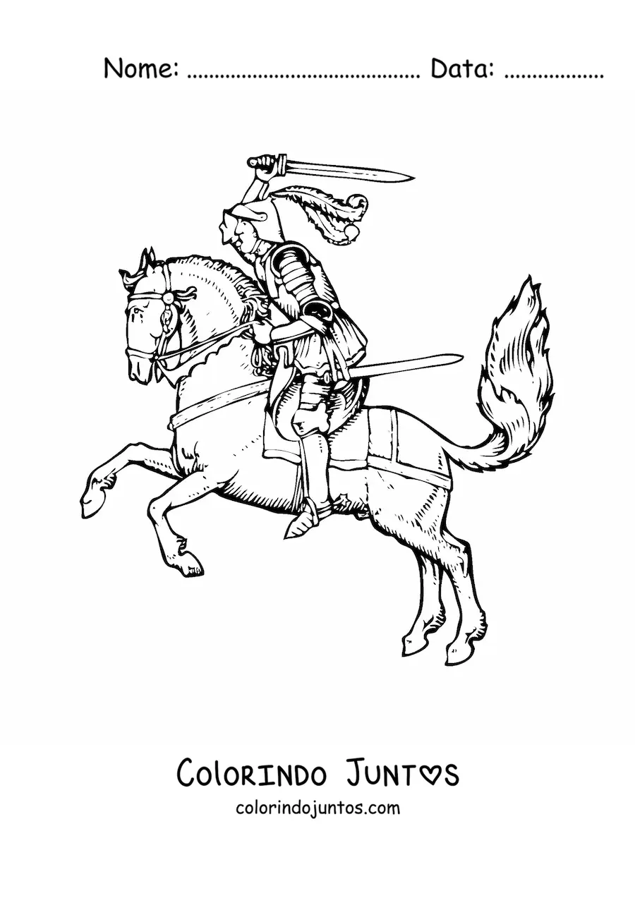 Desenho para colorir de cavaleiro de armadura brilhante em seu corcel