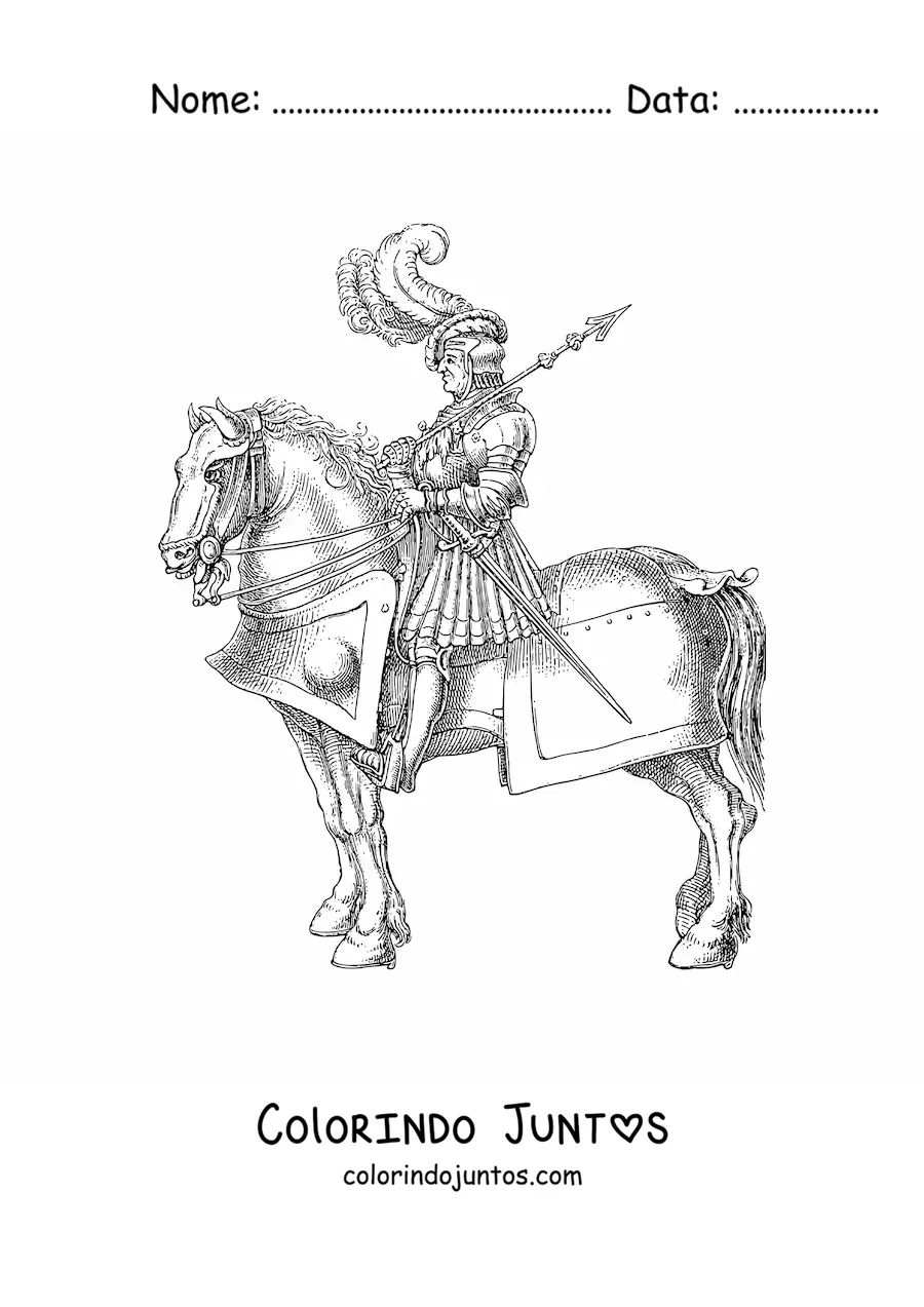 Desenho para colorir de cavaleiro realista de armadura brilhante em seu corcel