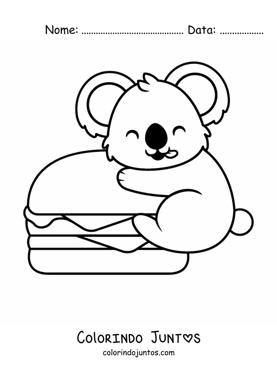 Desenho para colorir de um coala kawaii abracando um hamburguer gigante