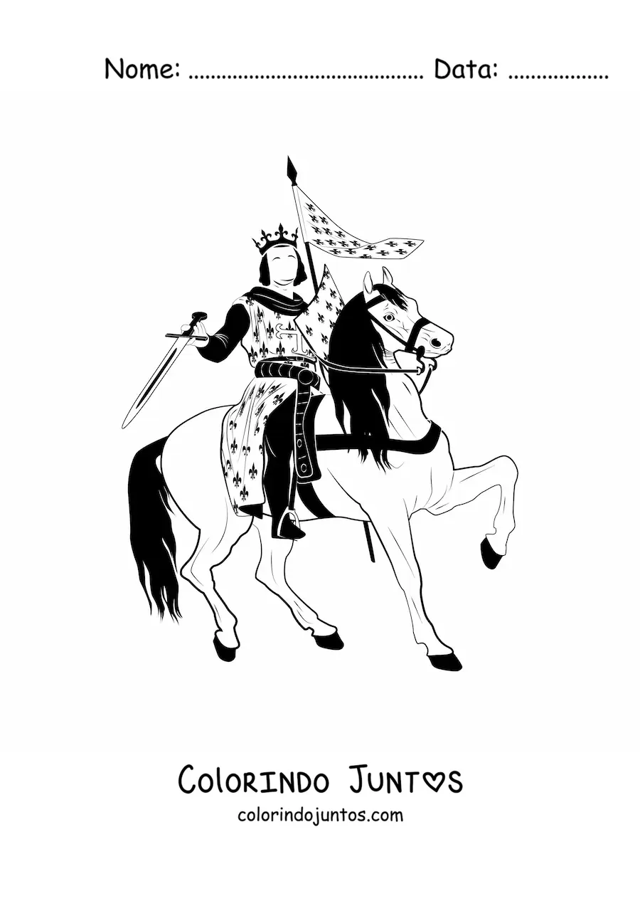 Desenho para colorir de rei com espada lutando em um cavalo