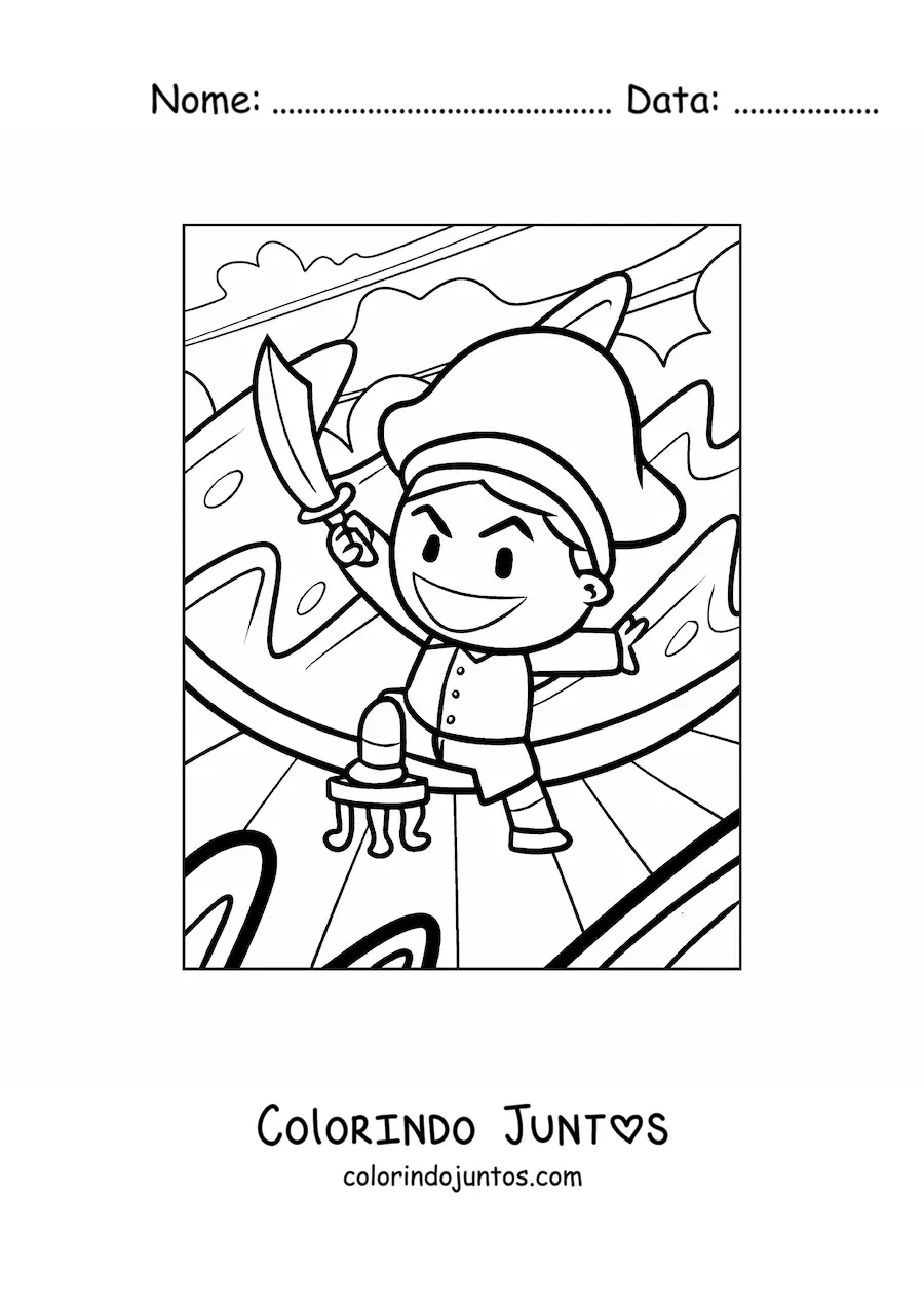 Desenho para colorir de pirata malvado animado com espada em um navio