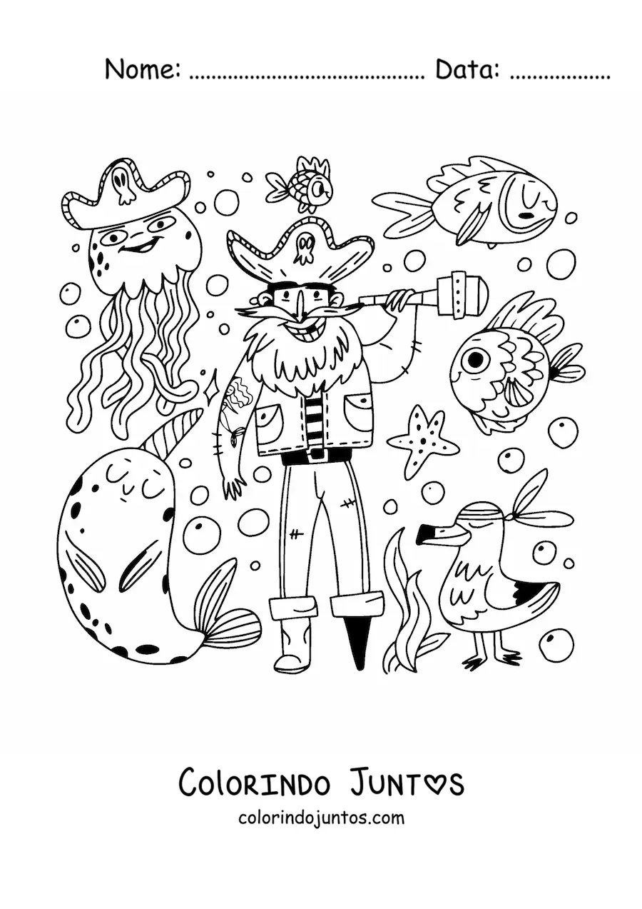 Desenho para colorir de velho pirata animado com animais do mar