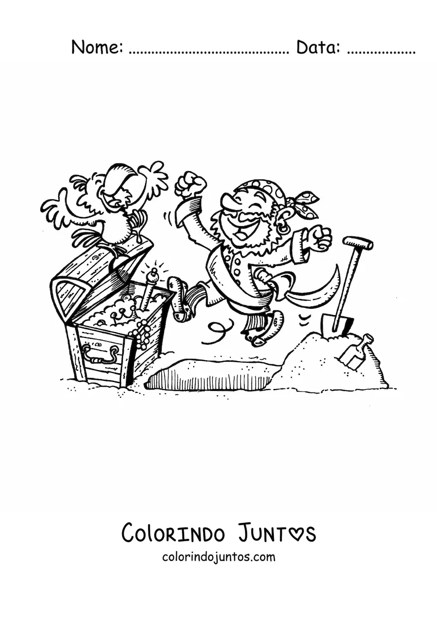 Desenho para colorir de pirata animado com seu papagaio desenterrando um tesouro