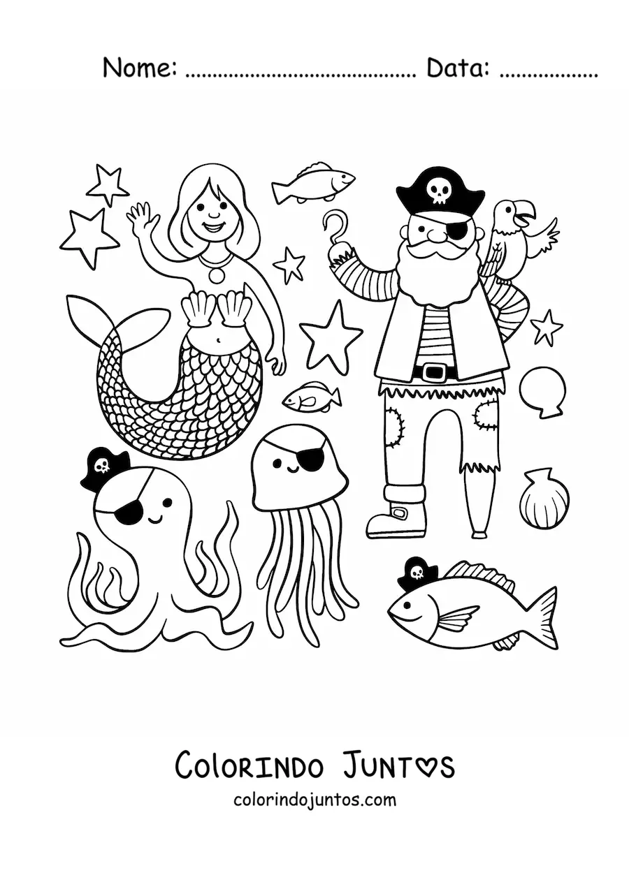 Desenho para colorir de pirata animado com sereia e animais
