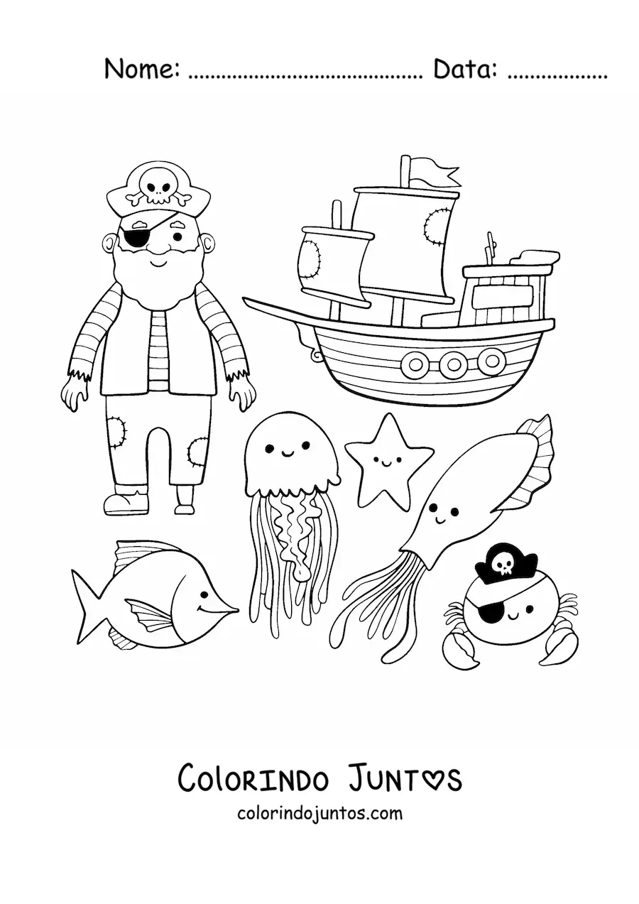 Desenho para colorir de pirata animado com navio e animais