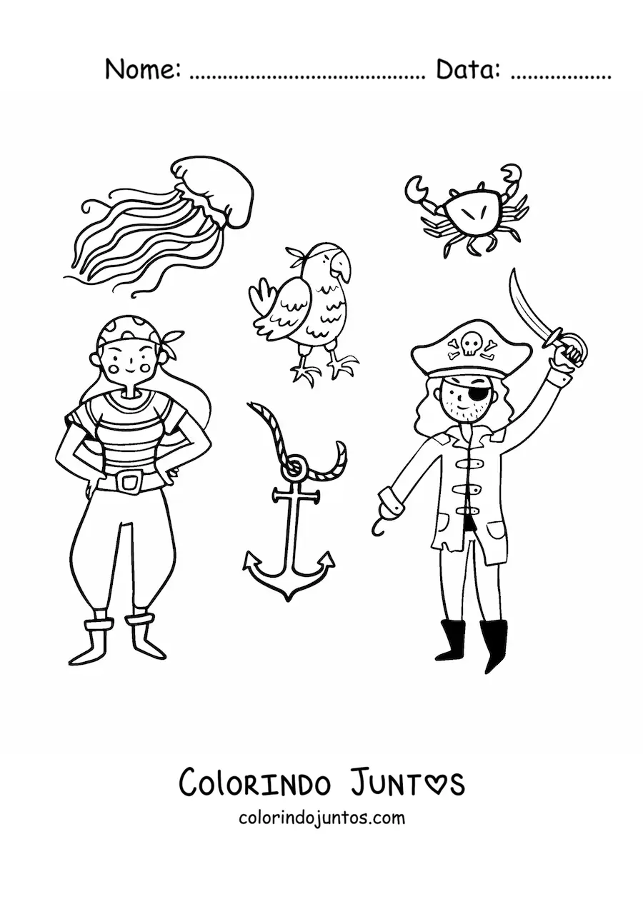 Desenho para colorir de pirata com garota pirata e um papagaio