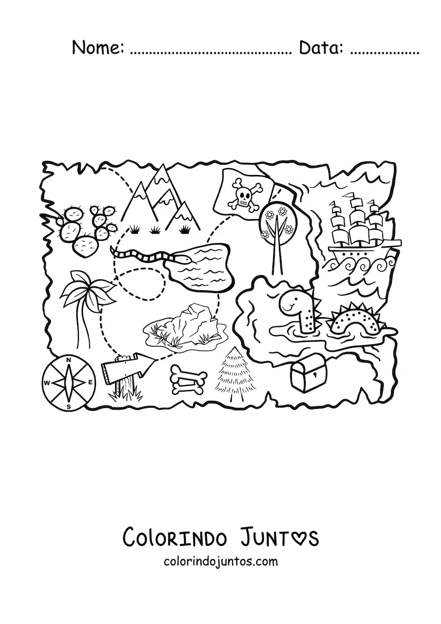 Desenho para colorir de mapa da ilha do tesouro
