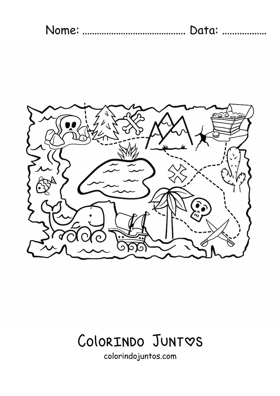 Desenho para colorir de ilha do tesouro em um mapa