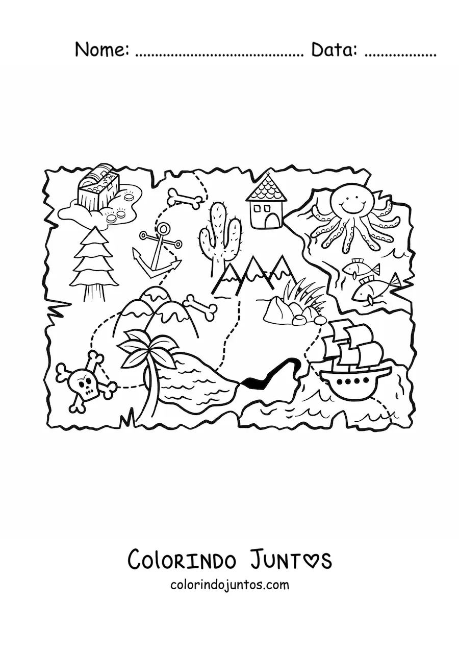 Desenho para colorir de mapa do tesouro escondido na ilha