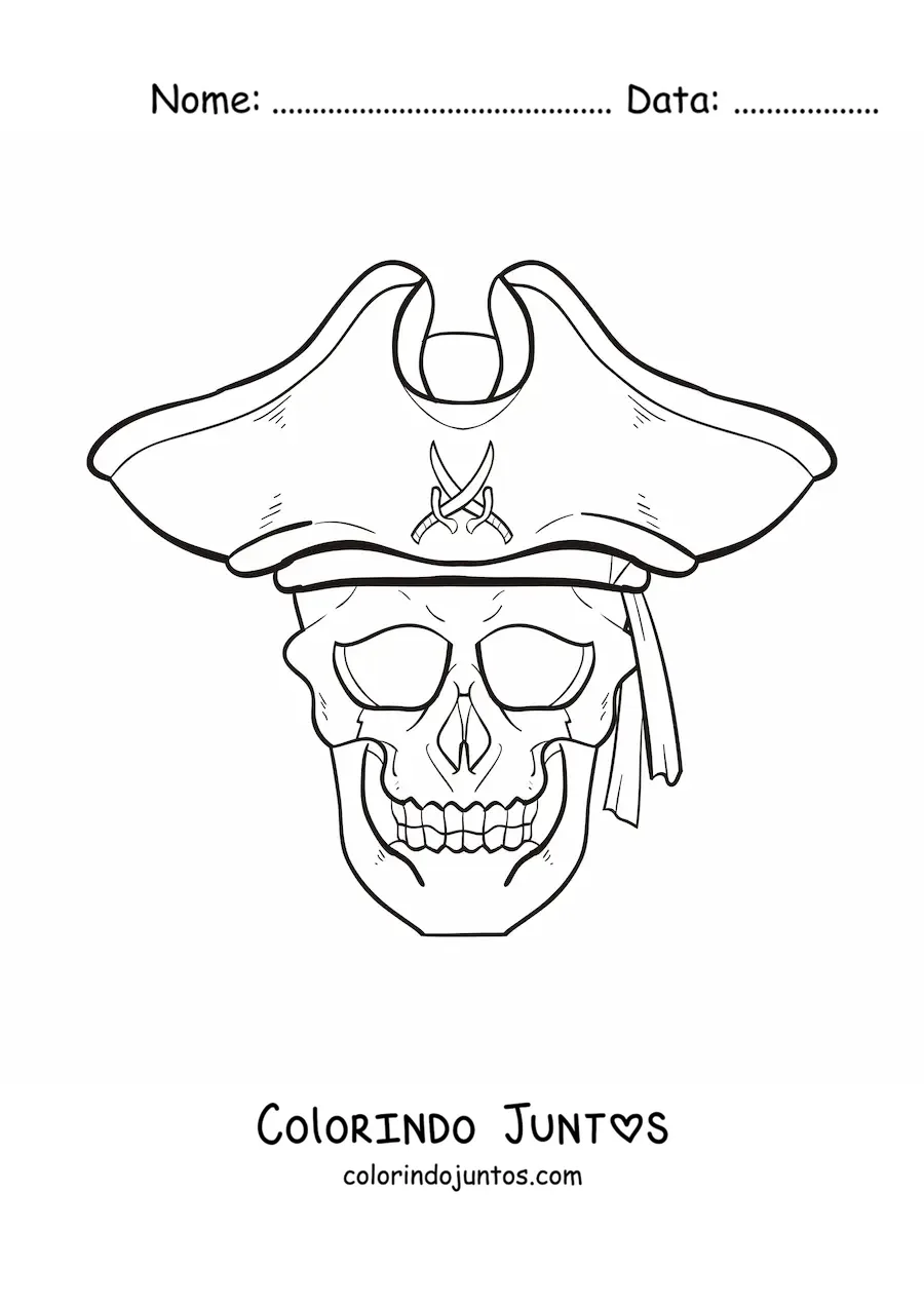 Desenho para colorir de caveira com chapéu de pirata