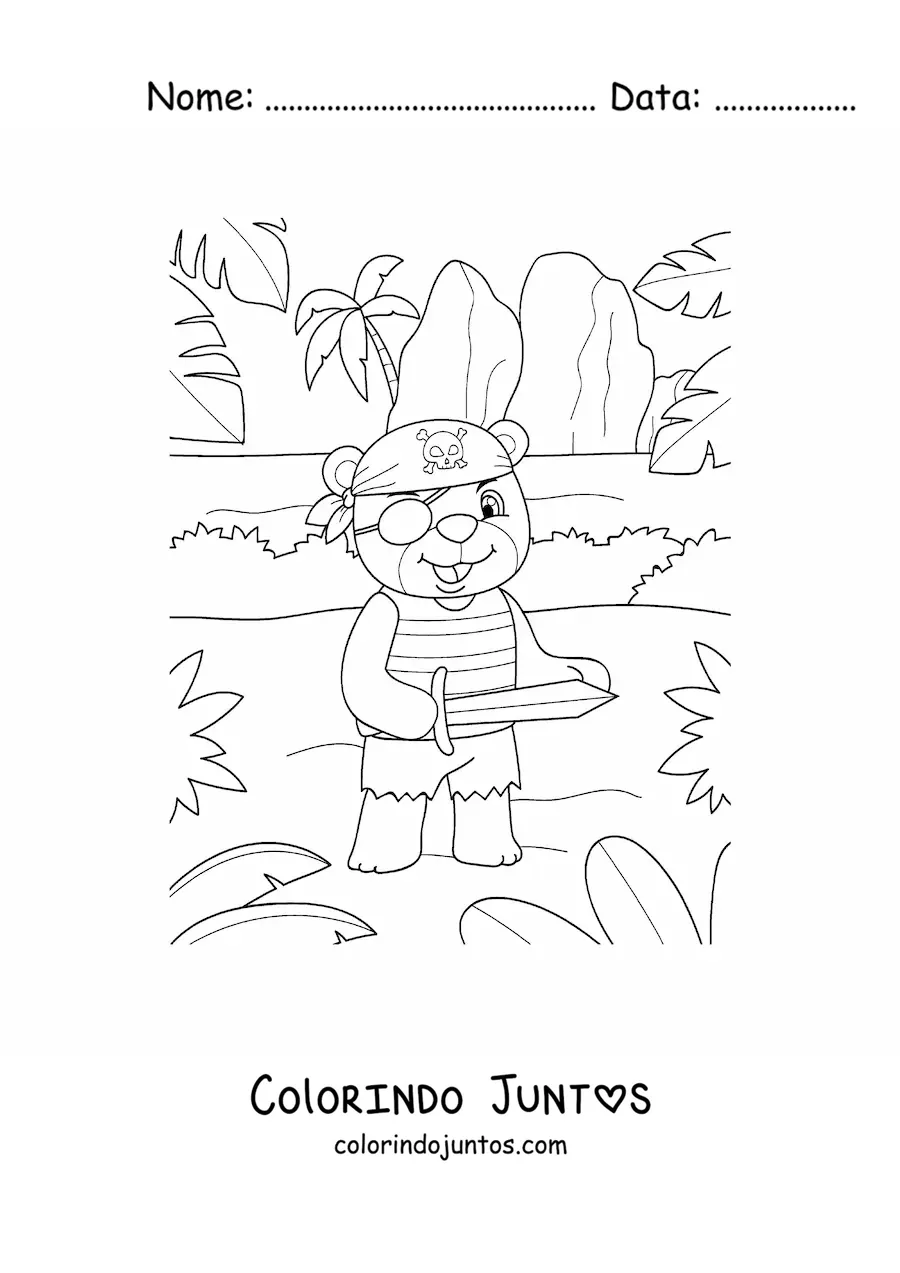 Desenho para colorir de urso pirata animado na ilha do tesouro