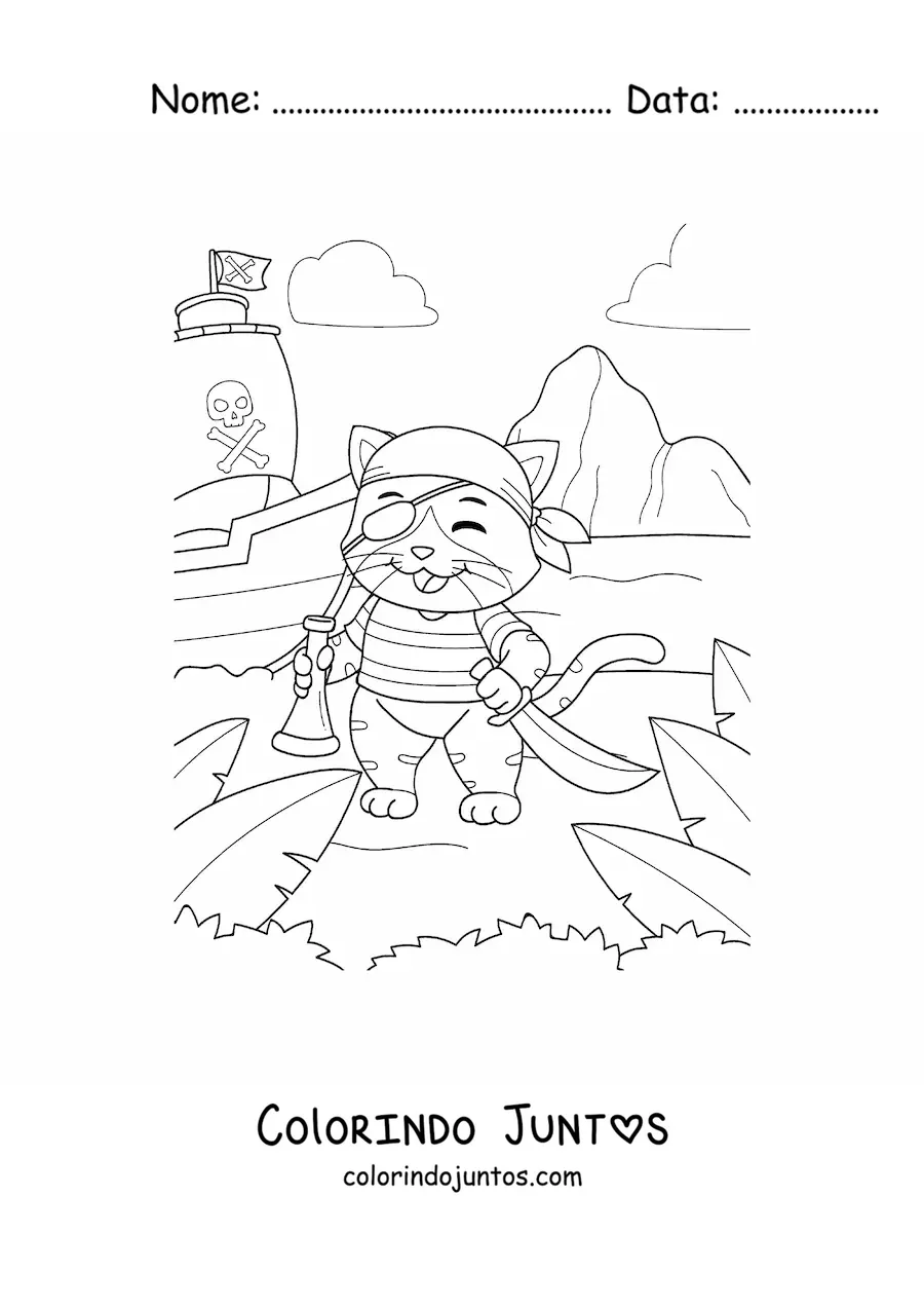 Desenho para colorir de gato pirata animado na ilha do tesouro com seu navio