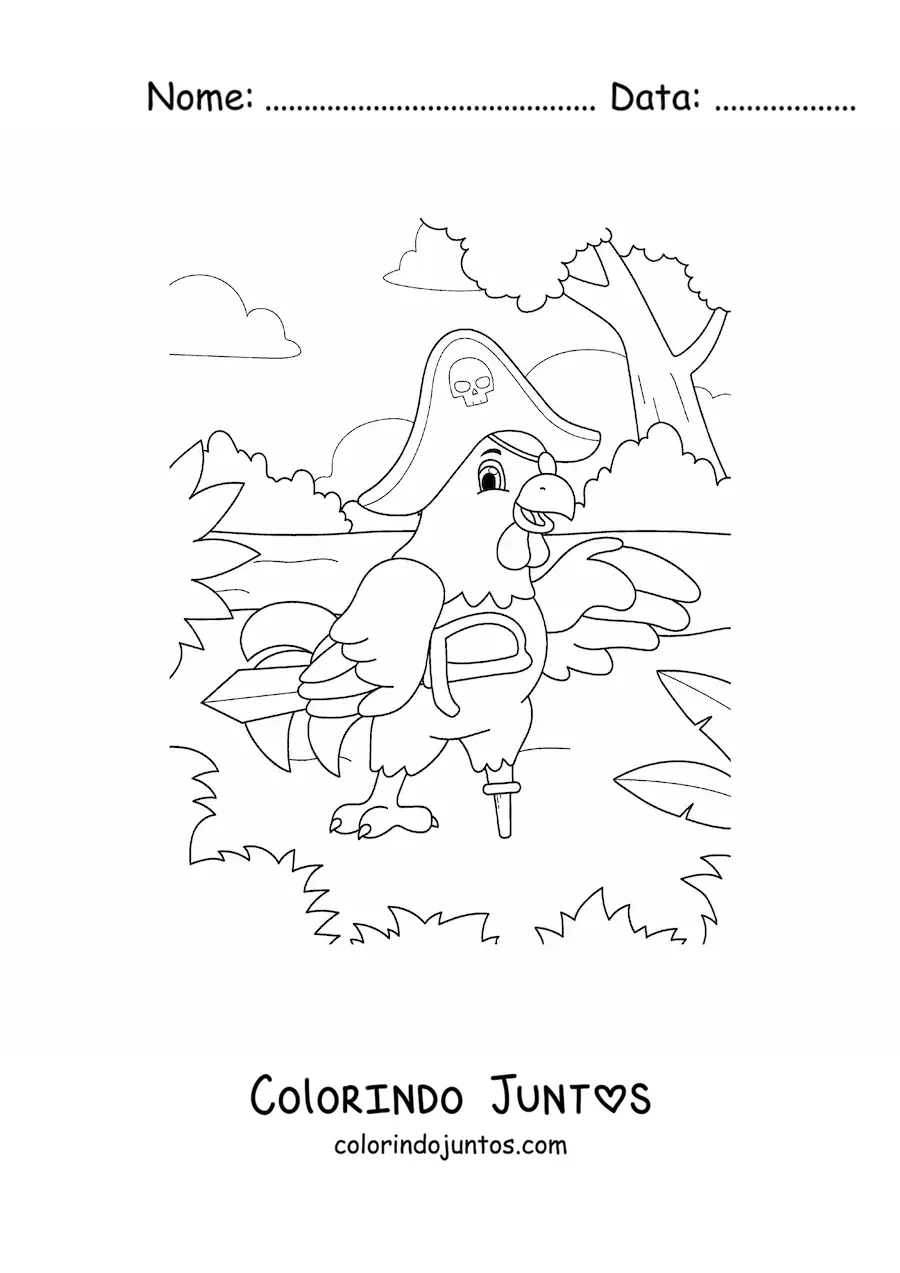 Desenho para colorir de galinha pirata animada na ilha do tesouro com espada