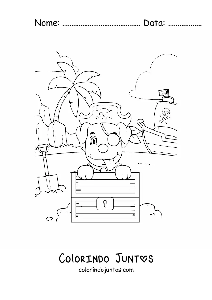 Desenho para colorir de cachorro pirata animado desenterrando um tesouro em frente ao seu navio