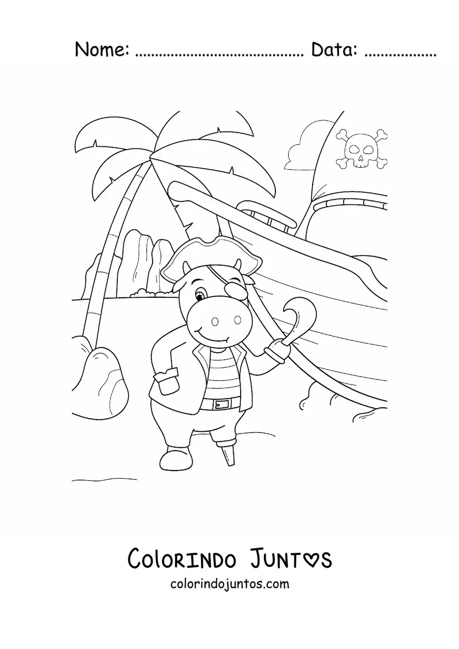 Desenho para colorir de vaca pirata animada na ilha do tesouro com seu navio