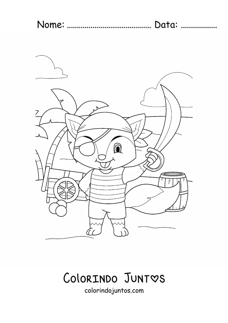 Desenho para colorir de raposa pirata animada na ilha do tesouro
