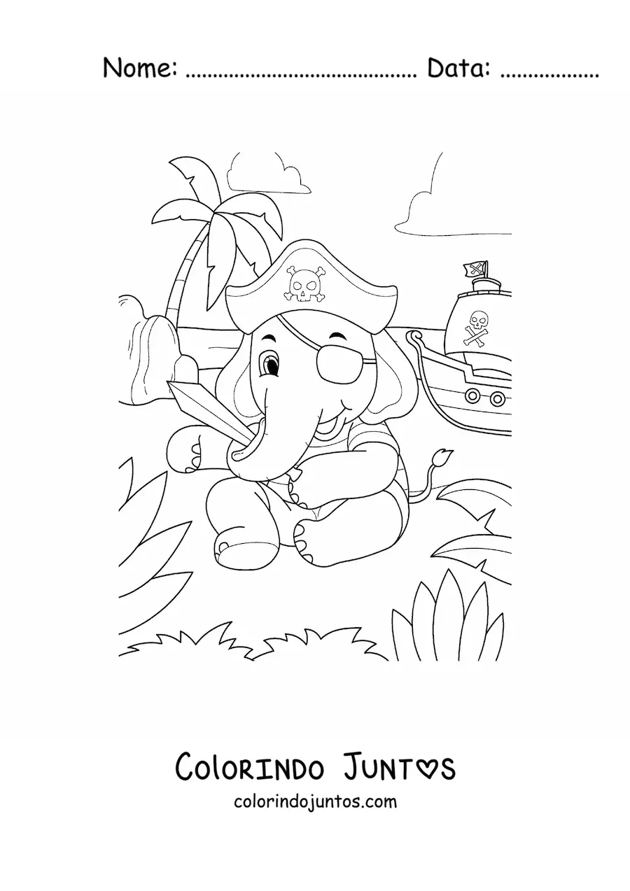 Desenho para colorir de elefante pirata animado na ilha do tesouro com seu navio