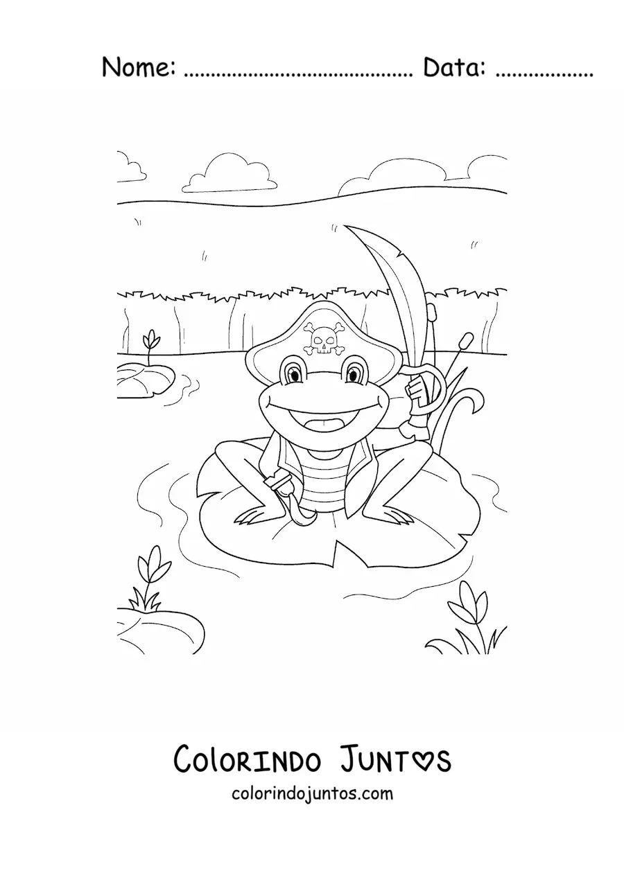 Desenho para colorir de sapo pirata animado em seu pântano