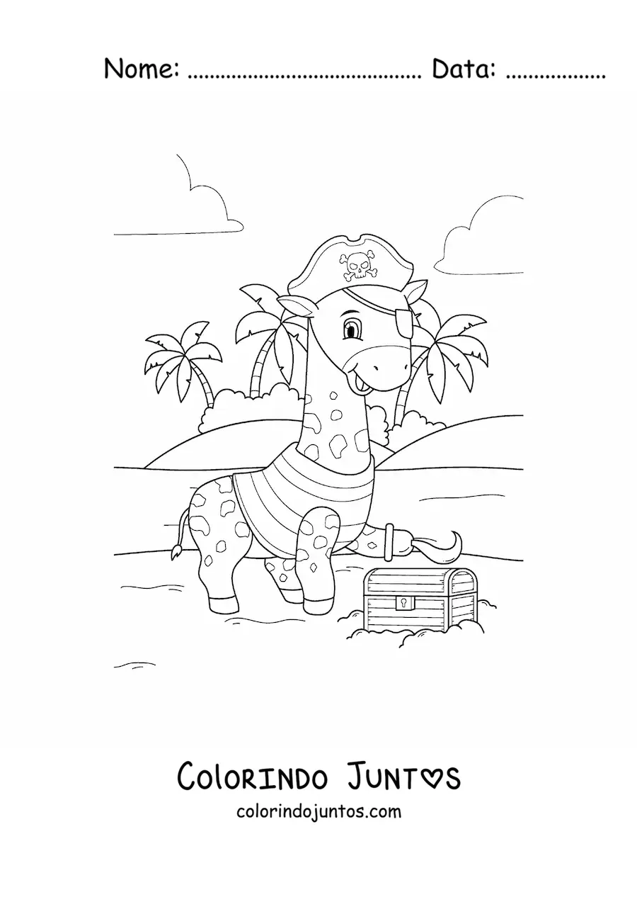 Desenho para colorir de girafa pirata animada com baú do tesouro na ilha